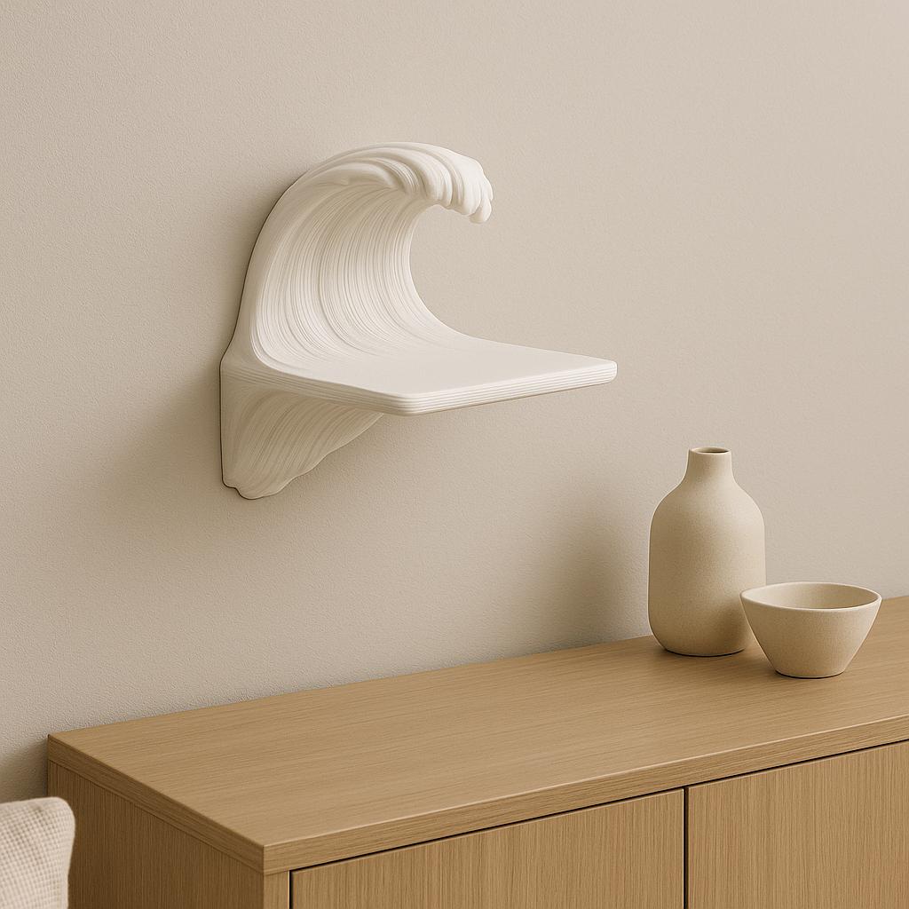 3D printed wave-shaped floating shelf in matte white, featured on a wooden surface, enhancing minimalist decor.