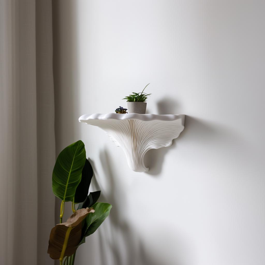 Turkey Tail mushroom-inspired floating shelf showcasing a small potted plant, blending nature with modern decor.