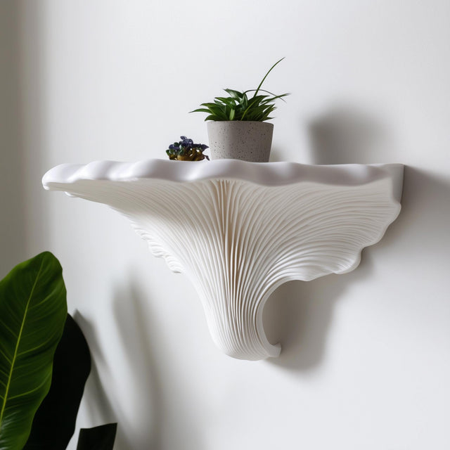 Turkey Tail Mushroom shelf adorned with a potted plant, showcasing wave-like textures and organic design.