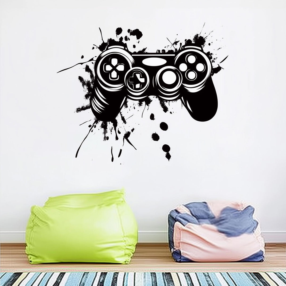 Gamer wall decal featuring a splatter-style video game controller design above colorful bean bags.
