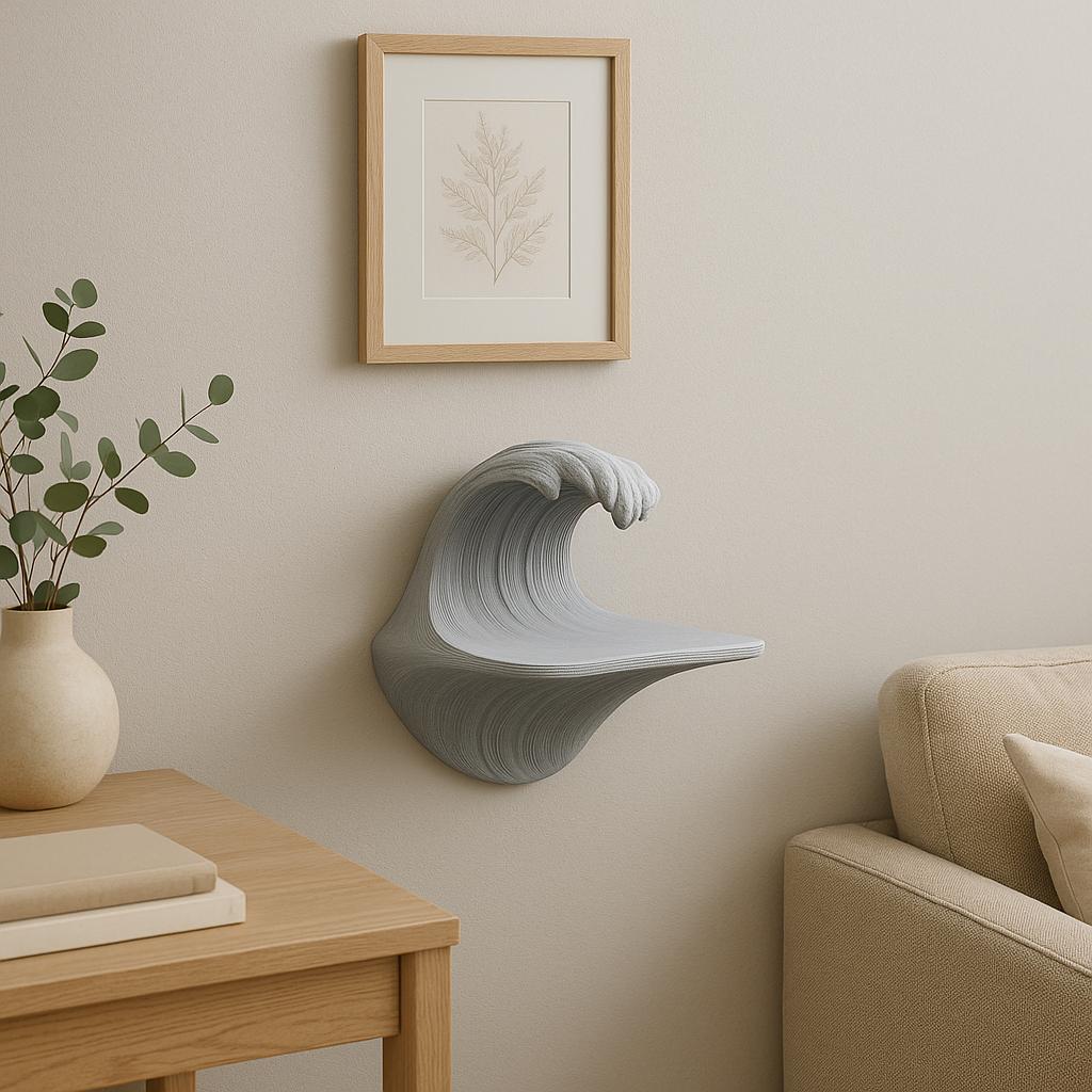 3D printed Wave Wall Shelf in grey, styled as coastal wall art, showcased in a modern living space.