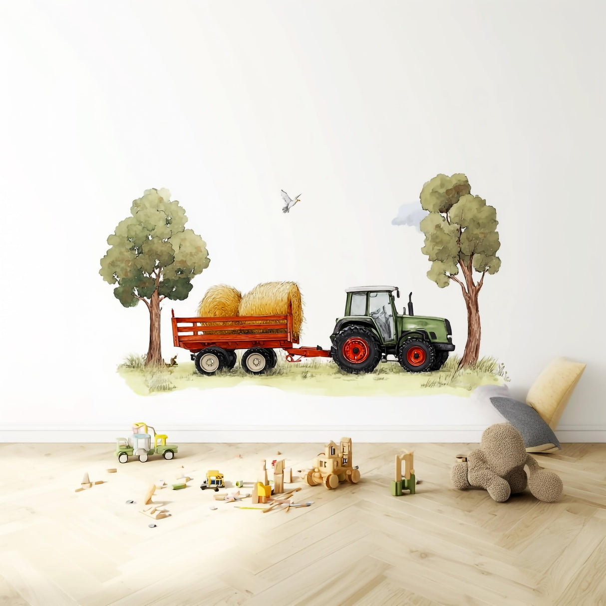 Farm Tractor Wall Decal | Hay Bales Farm Scene Wall Sticker | Nursery Wall Art | Kids Room Farm Decor | Removable Tractor Mural for Boys