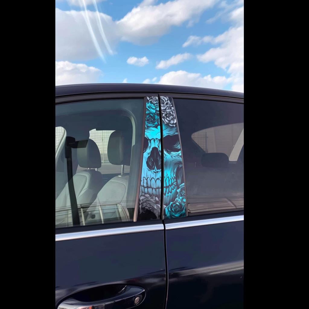 Skull B-Pillar Car Decal Set | 2-Piece Universal Vinyl Stickers | Blue Skull Roses Car Pillar Styling | Tuning Accessory Car Wrap Design