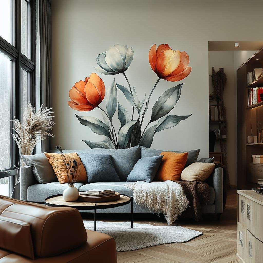Watercolor Tulip Wall Decal | Botanical Flower Wall Sticker | Modern Floral Wall Art | Removable Vinyl Mural | Living Room Nature Decor