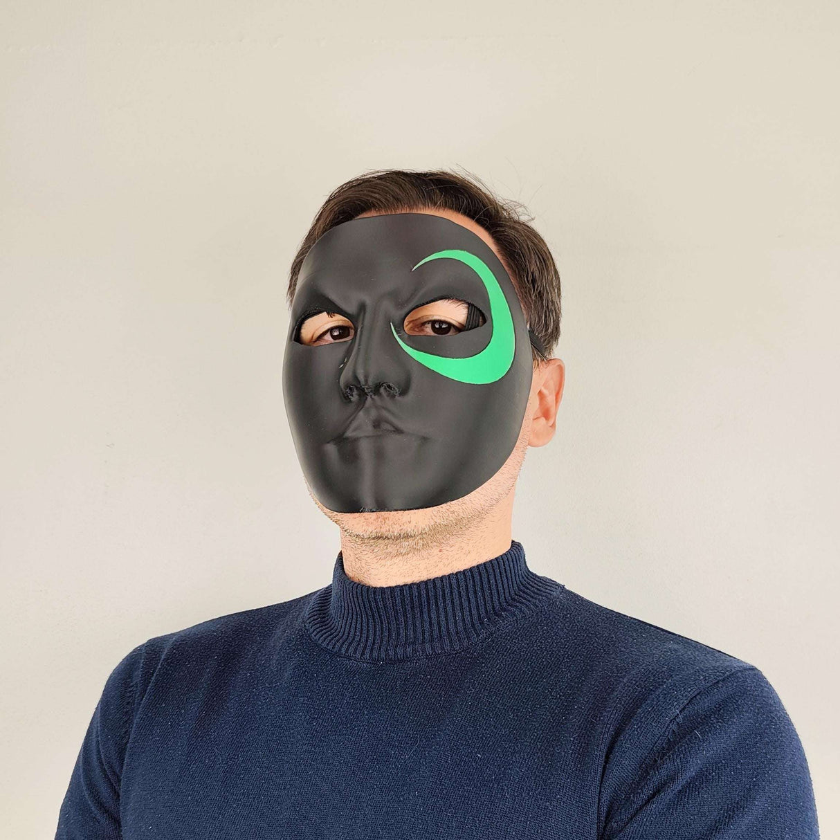 Full Face Mask for Cosplay | 3D Printed Black Mask with Green Eye Detail | Halloween Costume Prop | Adjustable Fit for Adults