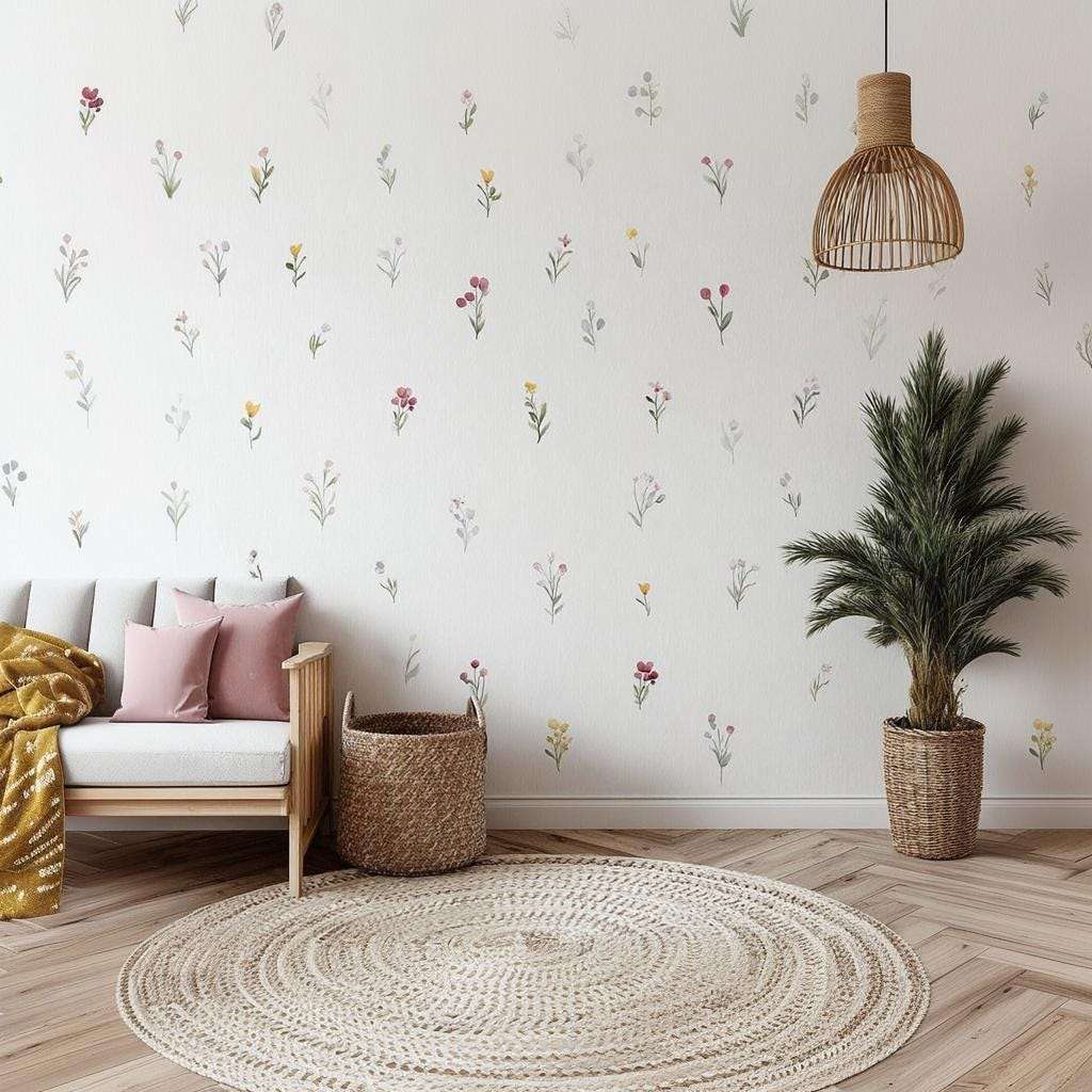 24x Watercolor Floral Wall Decals | Pastel Wildflower Stickers | Boho Nursery Decor | Removable Botanical Decals Kids Room Baby Girl Bedroom