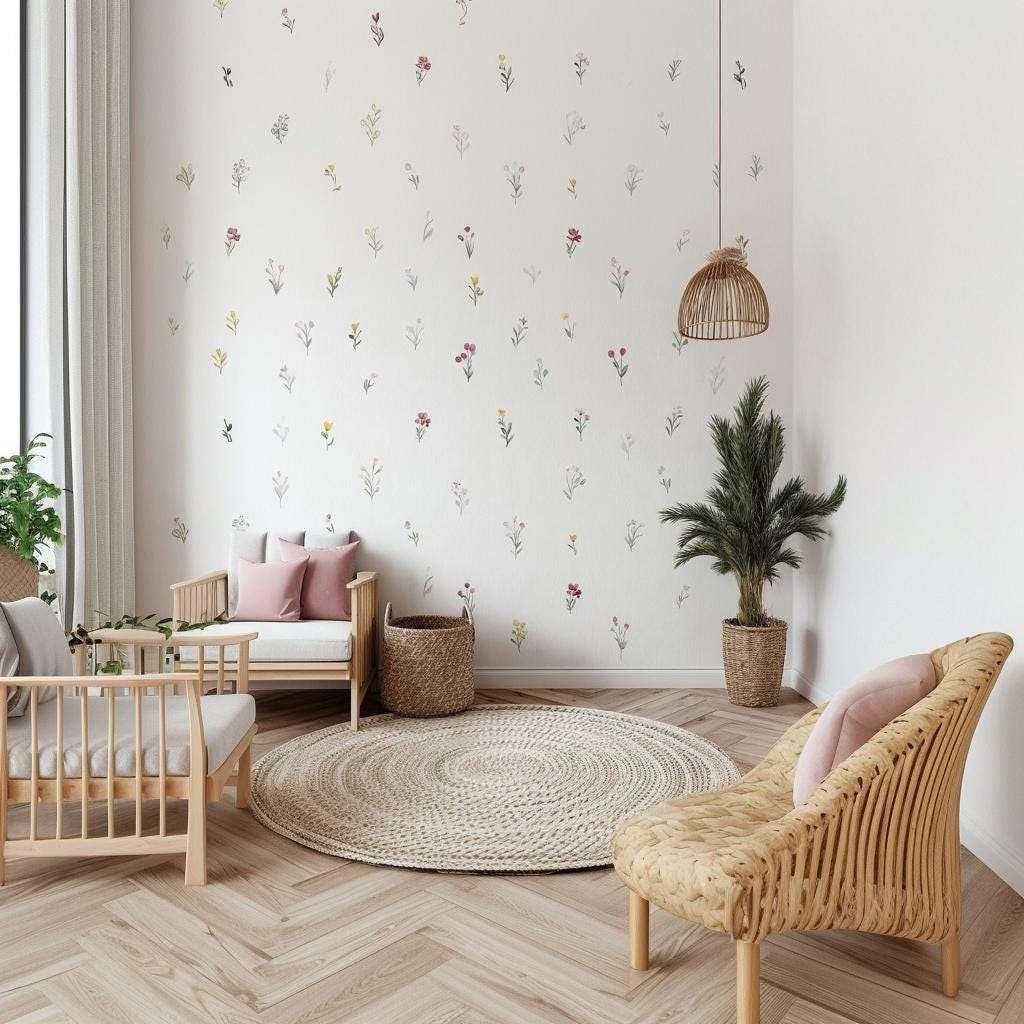 24x Watercolor Floral Wall Decals | Pastel Wildflower Stickers | Boho Nursery Decor | Removable Botanical Decals Kids Room Baby Girl Bedroom