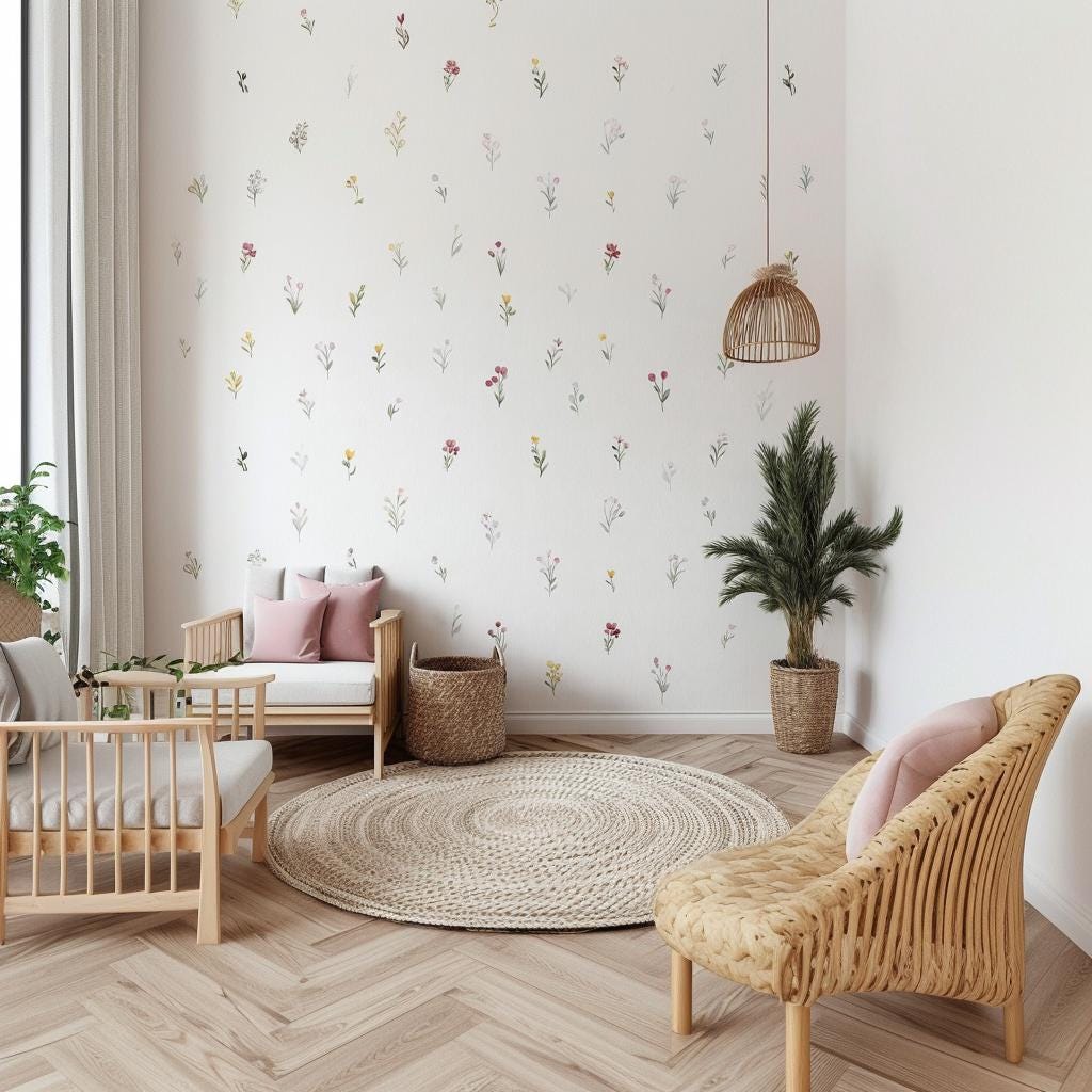 24x Watercolor Floral Wall Decals | Pastel Wildflower Stickers | Boho Nursery Decor | Removable Botanical Decals Kids Room Baby Girl Bedroom