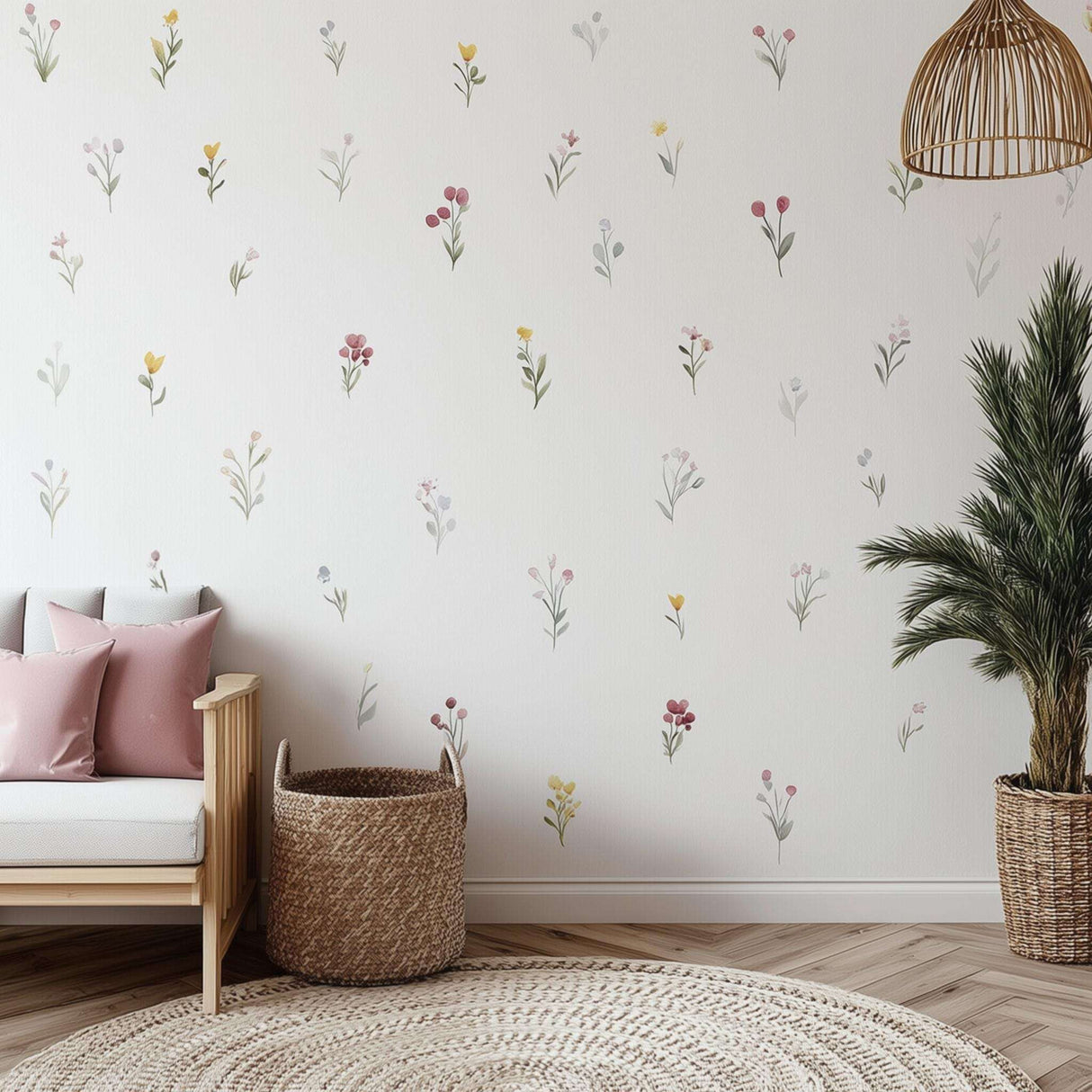 A bright and cozy nursery room decorated with individually spaced watercolor floral wall decals in soft shades of pink, yellow, blue, and green, arranged above rattan furniture and neutral-toned armchairs for a serene botanical theme.