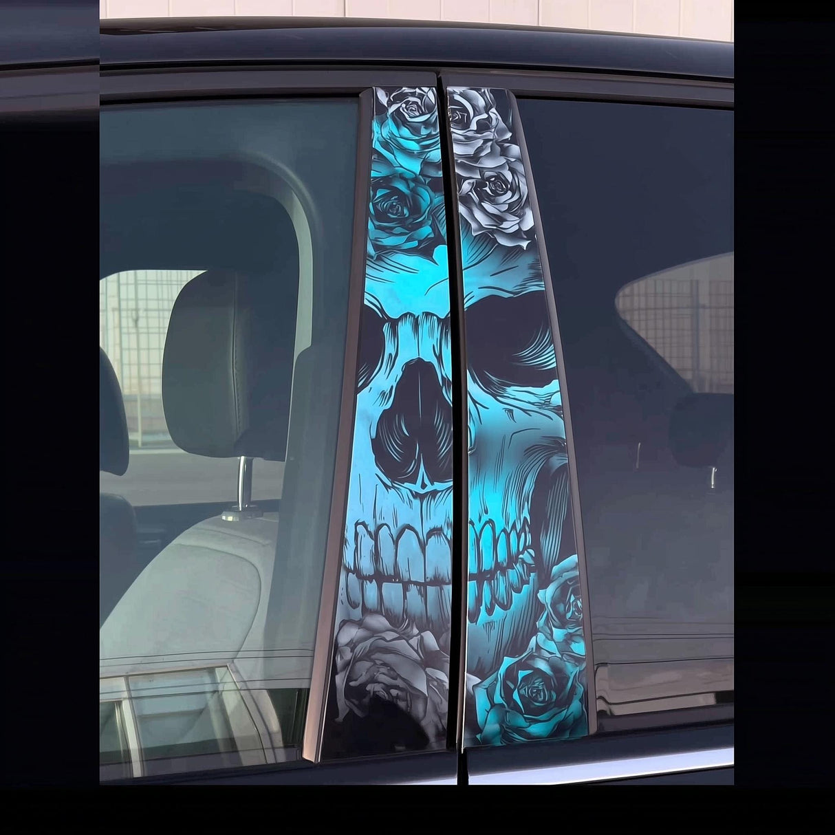 Skull B-Pillar Car Decal Set | 2-Piece Universal Vinyl Stickers | Blue Skull Roses Car Pillar Styling | Tuning Accessory Car Wrap Design