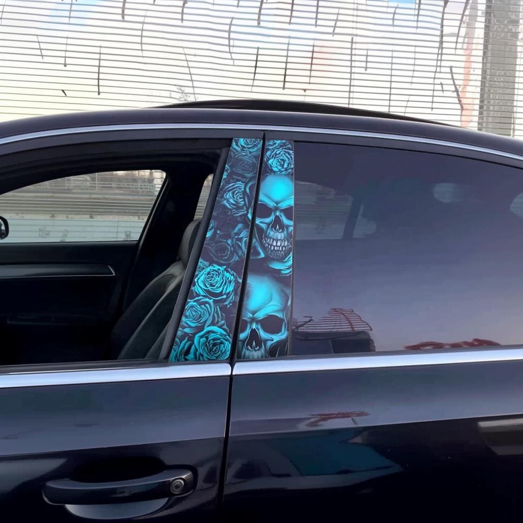 Blue Skulls Car B-Pillar Decals | 2-Piece Vinyl Sticker Set | Gothic Car Styling with Skulls and Roses | Tuning Wrap for Any Vehicle Pillar