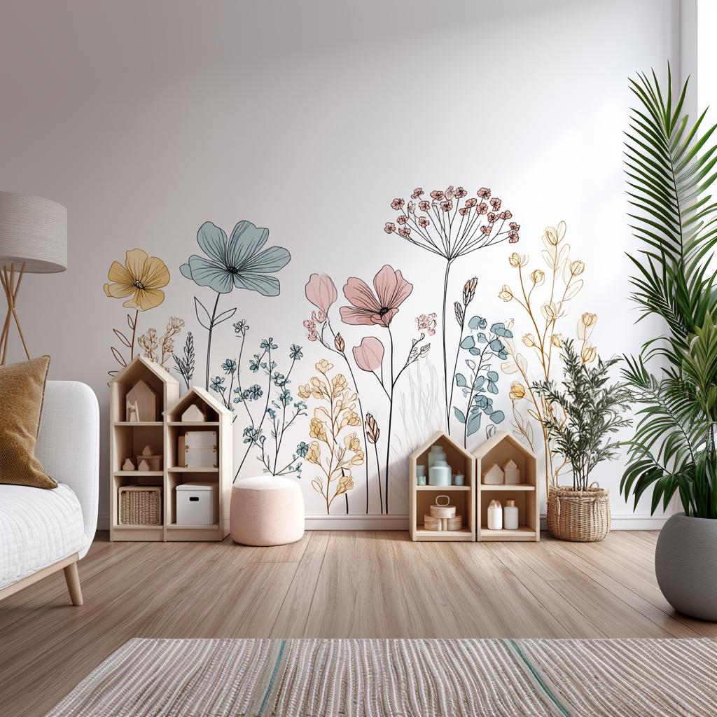 Floral Line Art Wall Decal | Boho Botanical Wall Sticker | Minimalist Flower Mural for Nursery or Kids Room | Large Removable Vinyl Art