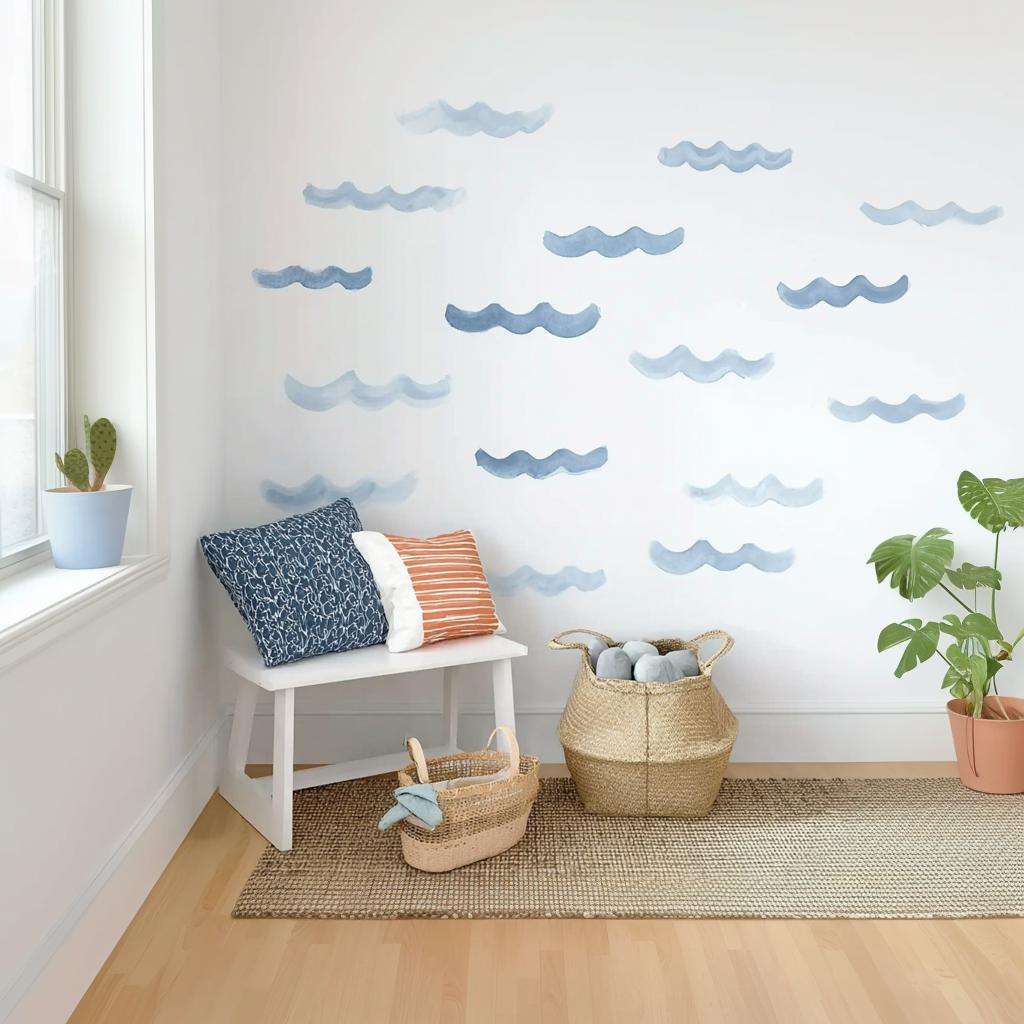 Watercolor Wave Wall Decals Set | Minimal Ocean Wave Stickers | Blue Sea Vinyl Wall Art for Nursery, Beach House, or Coastal Room Decor