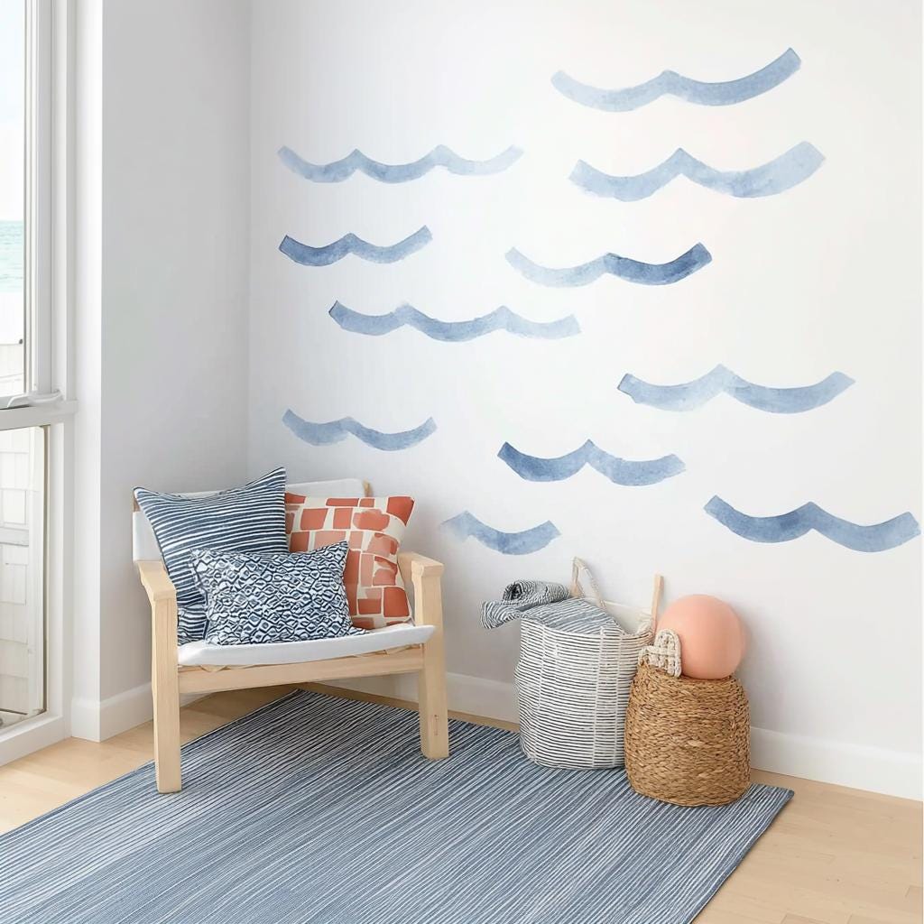 Ocean Wave Wall Decals | Blue Watercolor Vinyl Stickers | Beach Themed Nursery Decor | Set of 16 Waves | Coastal Room Wall Art