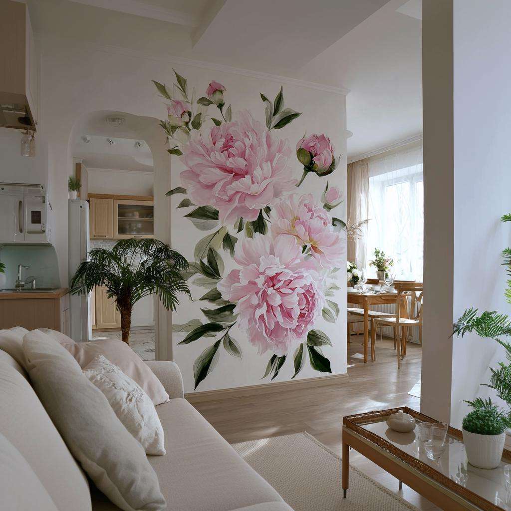Pink Peony Wall Mural | Large Floral Wall Decal | Romantic Flower Wall Art for Living Room or Bedroom | Removable Vinyl Botanical Sticker