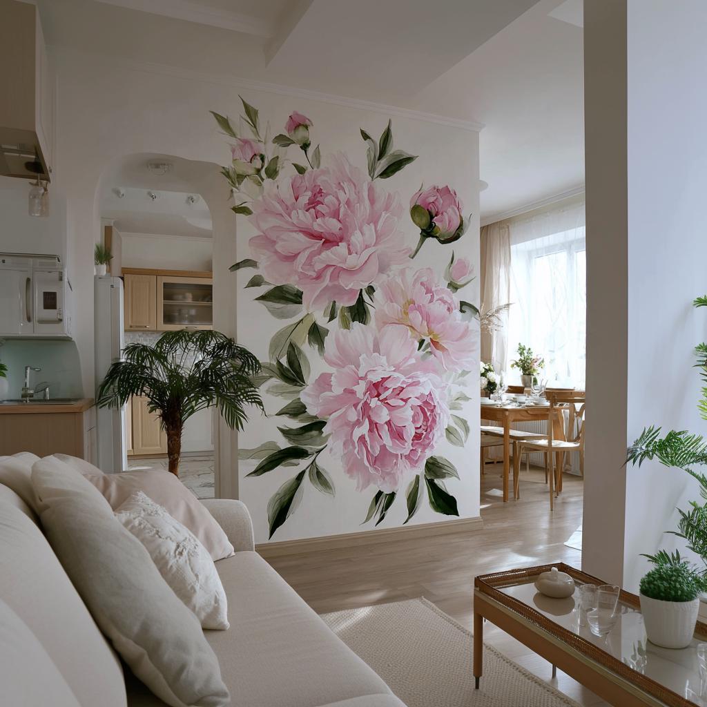 Pink Peony Wall Mural | Large Floral Wall Decal | Romantic Flower Wall Art for Living Room or Bedroom | Removable Vinyl Botanical Sticker