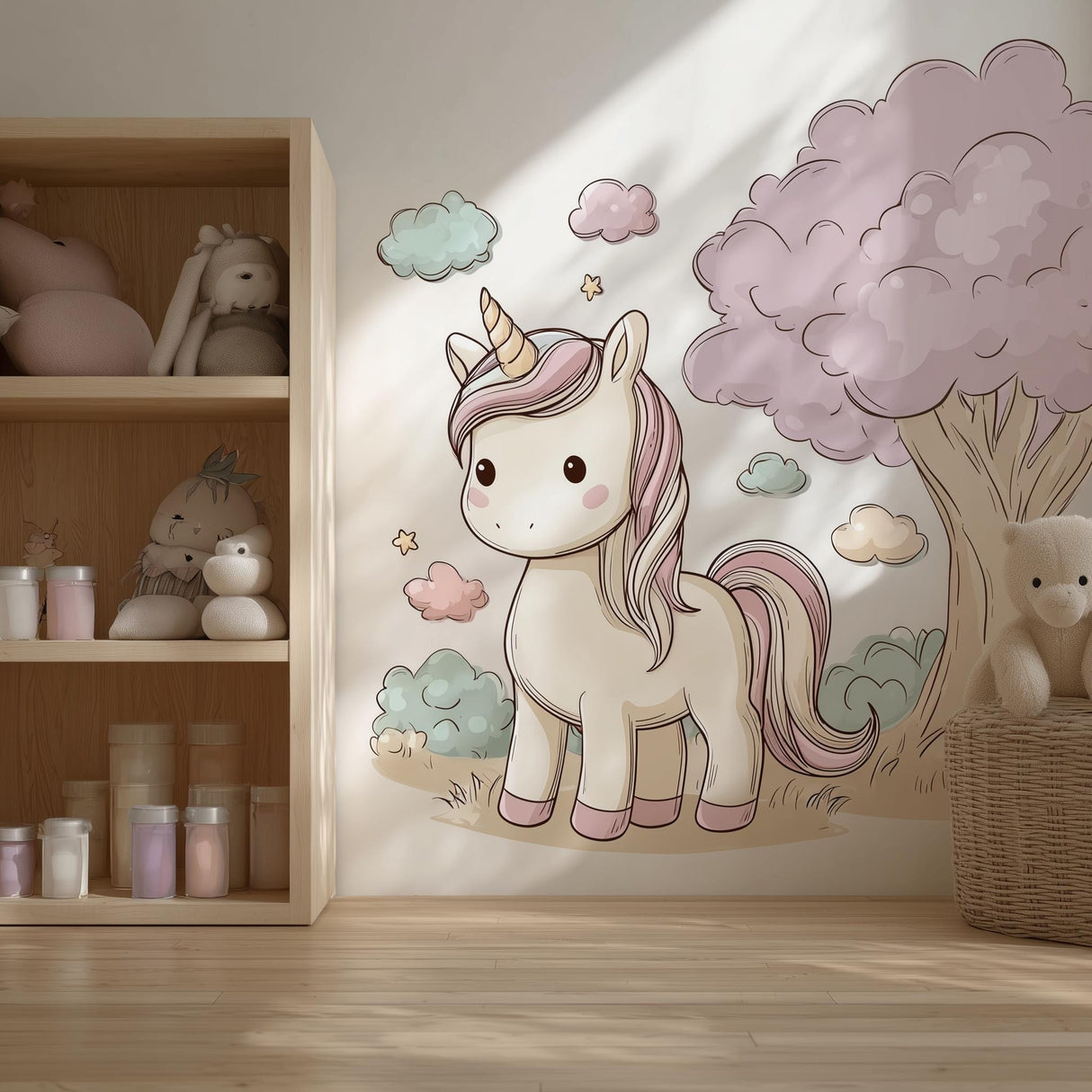 A cozy childrenās room with a large wall decal of a pastel cartoon unicorn beside a fluffy pink tree and surrounded by soft clouds and stars. The design features a sweet and whimsical aesthetic in shades of cream, pink, and mint, perfect for a girlās nursery or bedroom.