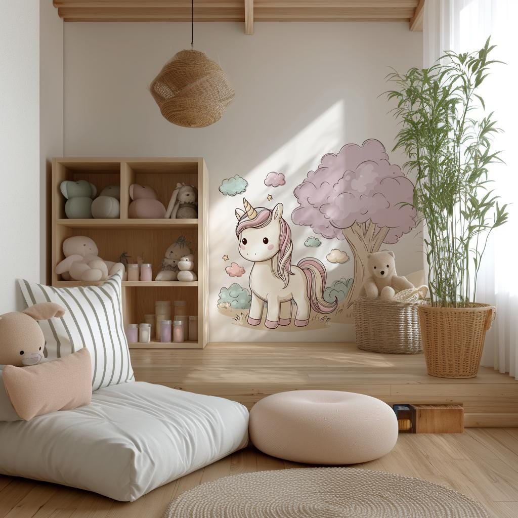 Cute Unicorn Wall Decal | Pastel Cartoon Unicorn Wall Sticker for Girls' Nursery or Bedroom | Kawaii Removable Vinyl Mural for Kids