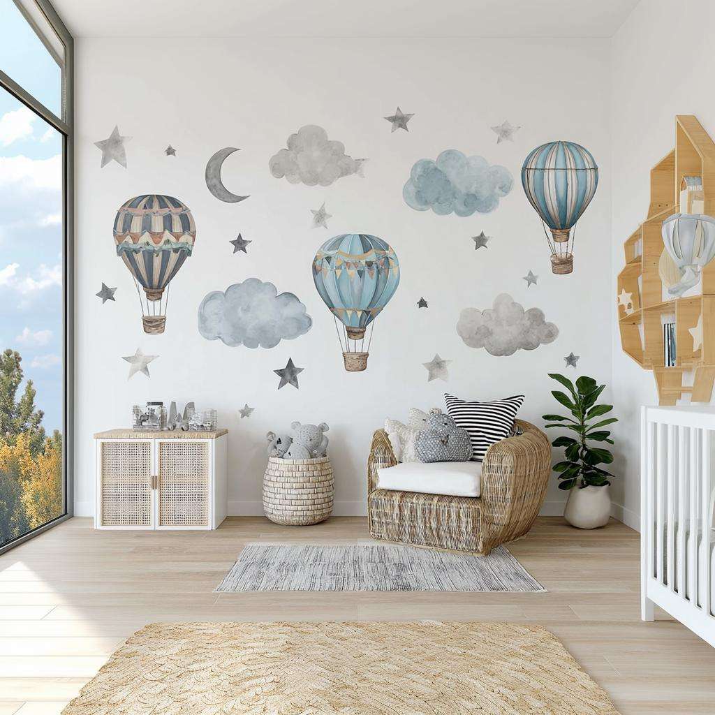 Vintage Hot Air Balloon Wall Decals | Watercolor Cloud & Star Nursery Stickers | Blue Baby Room Decor | Removable Vinyl Wall Art Boys Room