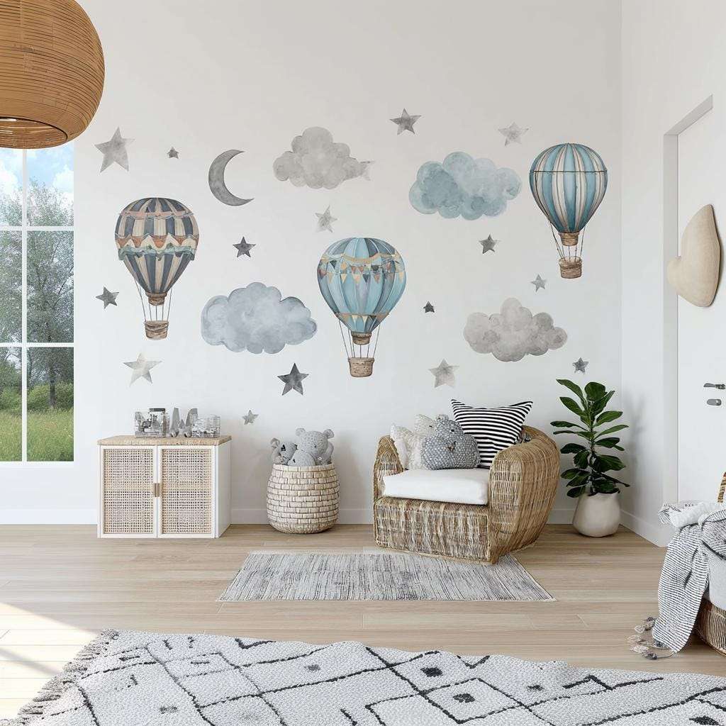 Vintage Hot Air Balloon Wall Decals | Watercolor Cloud & Star Nursery Stickers | Blue Baby Room Decor | Removable Vinyl Wall Art Boys Room