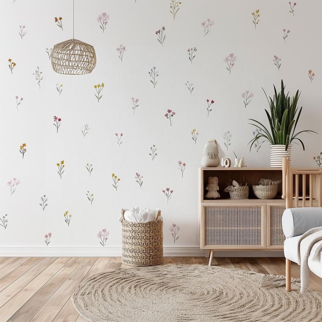 Watercolor Flower Wall Decals | Botanical Wall Stickers for Nursery | Girls Room Floral Wall Art | Soft Pastel Removable Vinyl Decor Set 24x