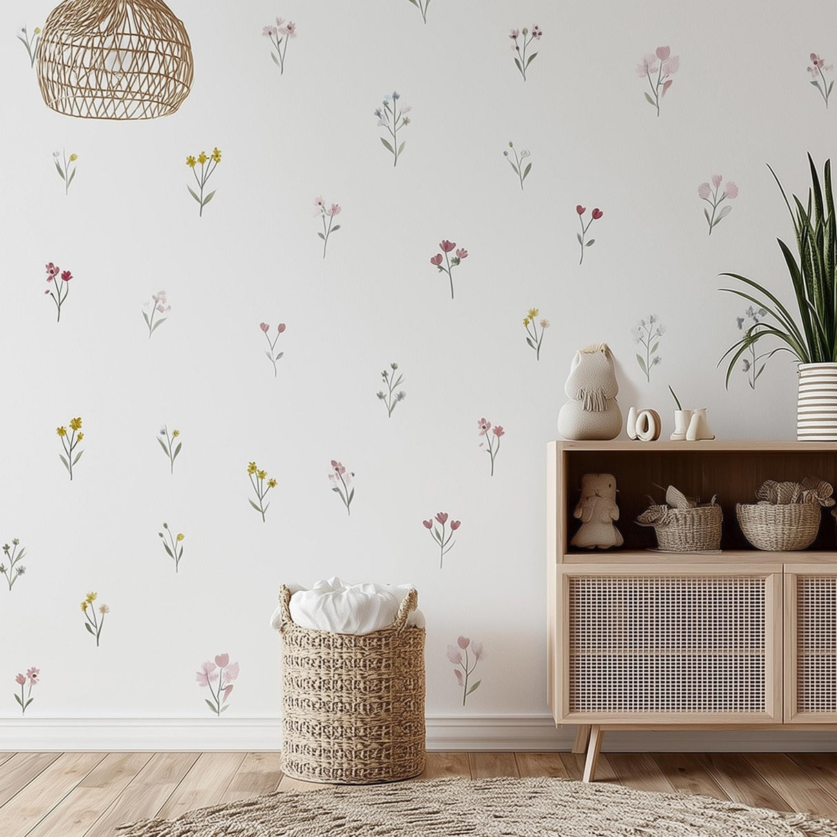A softly lit nursery room featuring individually placed watercolor-style flower decals in pastel pink, yellow, and blue tones, creating a botanical accent wall above a wooden storage unit and woven laundry basket.