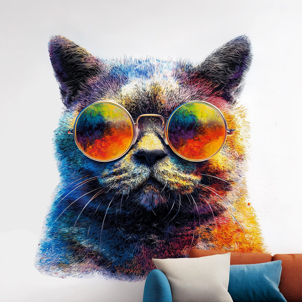 Cool Cat Wall Decal | Cat with Sunglasses Sticker | Colorful Vinyl Wall Art | Funky Cat Wall Decor | Funny Cat Room Sticker | Cat Face Decal