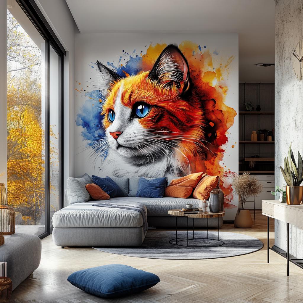 Cat Wall Decal | Blue Eyed Ginger Cat Watercolor Sticker | Artistic Vinyl Wall Art | Animal Mural for Living Room or Studio Decor