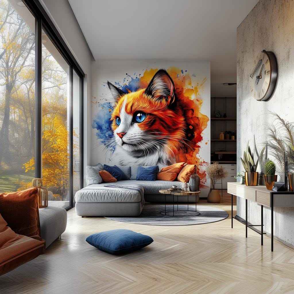 Cat Wall Decal | Blue Eyed Ginger Cat Watercolor Sticker | Artistic Vinyl Wall Art | Animal Mural for Living Room or Studio Decor