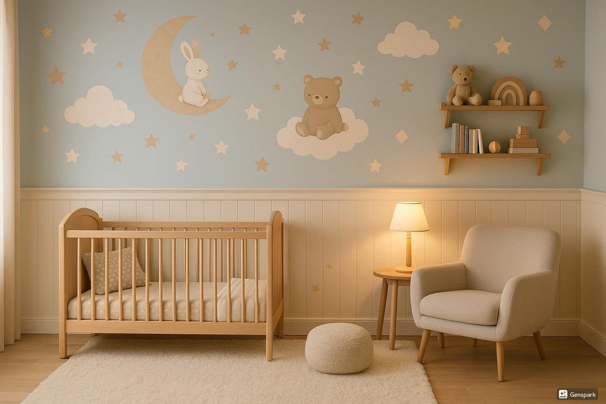 Nursery Wall Decal Set | Bunny on Moon, Bear on Cloud, Stars and Clouds Stickers | Baby Room Vinyl Wall Decor | Cute Animal Wall Stickers