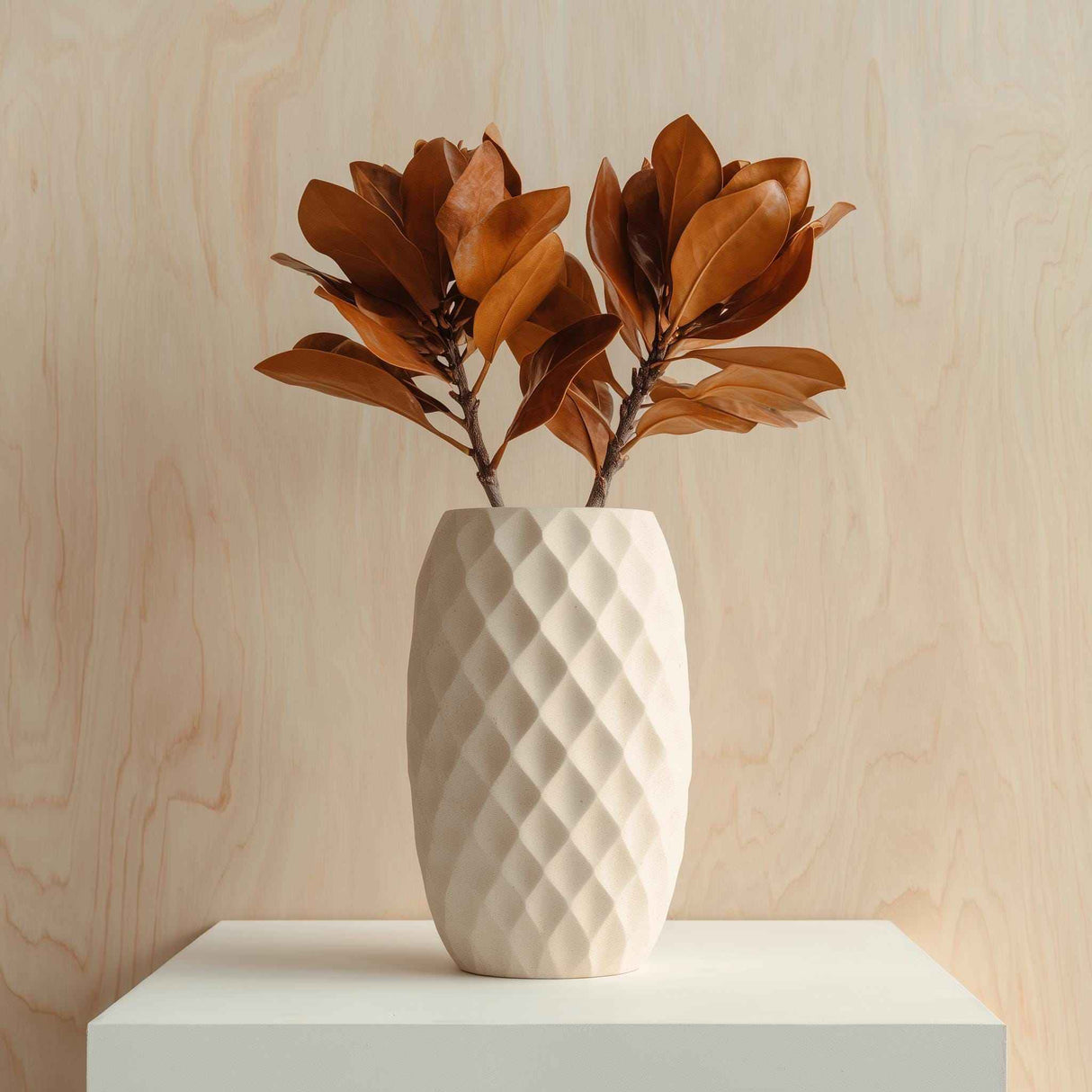 Cream-colored 3D printed vase with a diamond-patterned geometric texture, shown with brown dried leaves for illustration; flowers are not included.