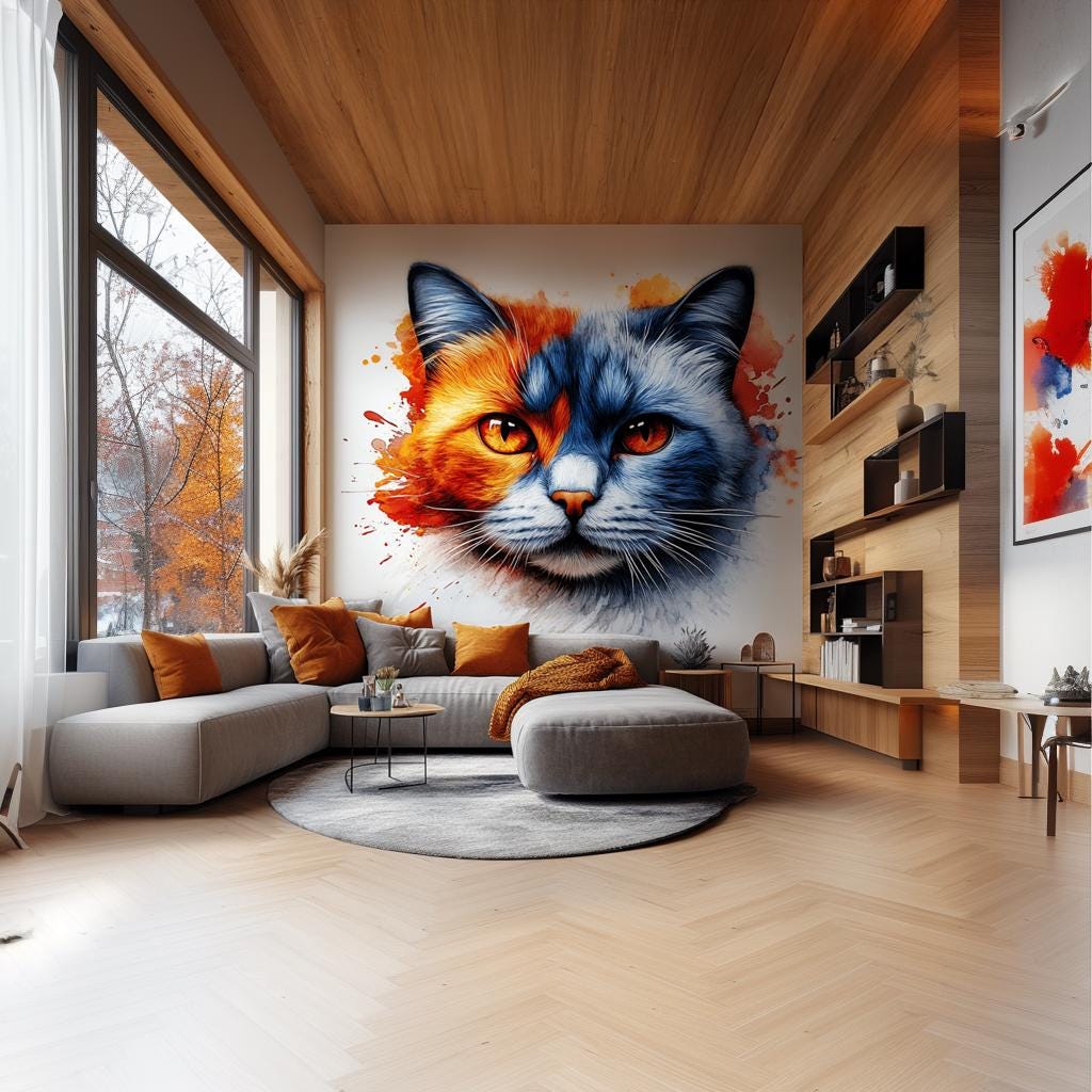 Cat Face Wall Decal | Two-Tone Watercolor Cat Sticker | Blue and Orange Cat Wall Art | Artistic Vinyl Mural | Bold Modern Animal Decor