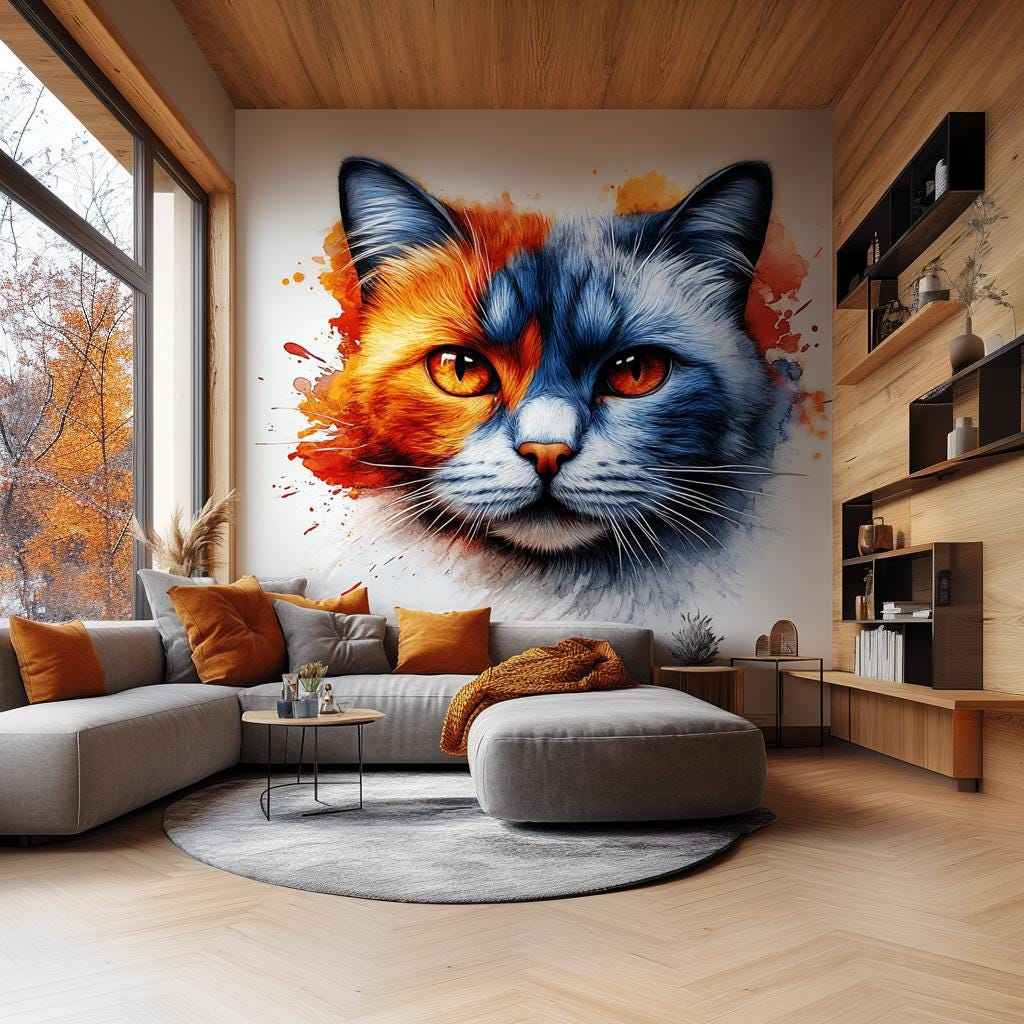 Cat Face Wall Decal | Two-Tone Watercolor Cat Sticker | Blue and Orange Cat Wall Art | Artistic Vinyl Mural | Bold Modern Animal Decor