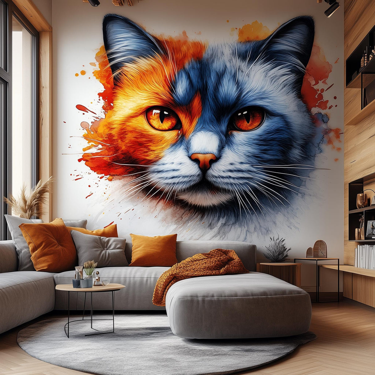 Vinyl wall decal of a cat face with one half painted in vibrant orange and the other in deep blue watercolor style, applied to a smooth wall above a modern sectional sofa in a warm-toned interior.