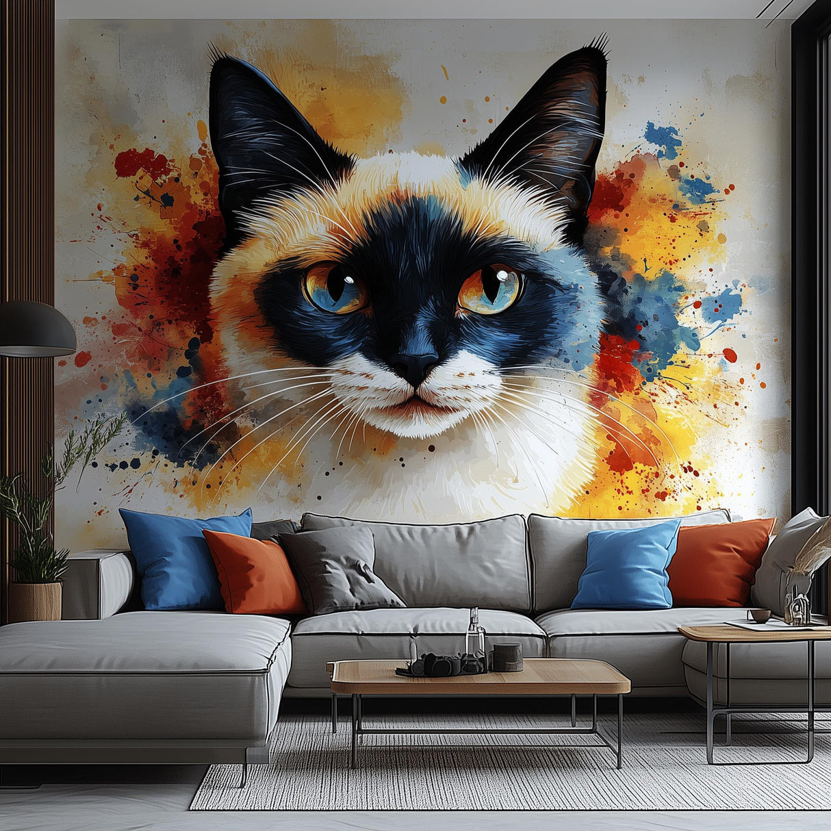 Siamese cat face wall decal in watercolor style with blue eyes, installed in a cozy modern living room