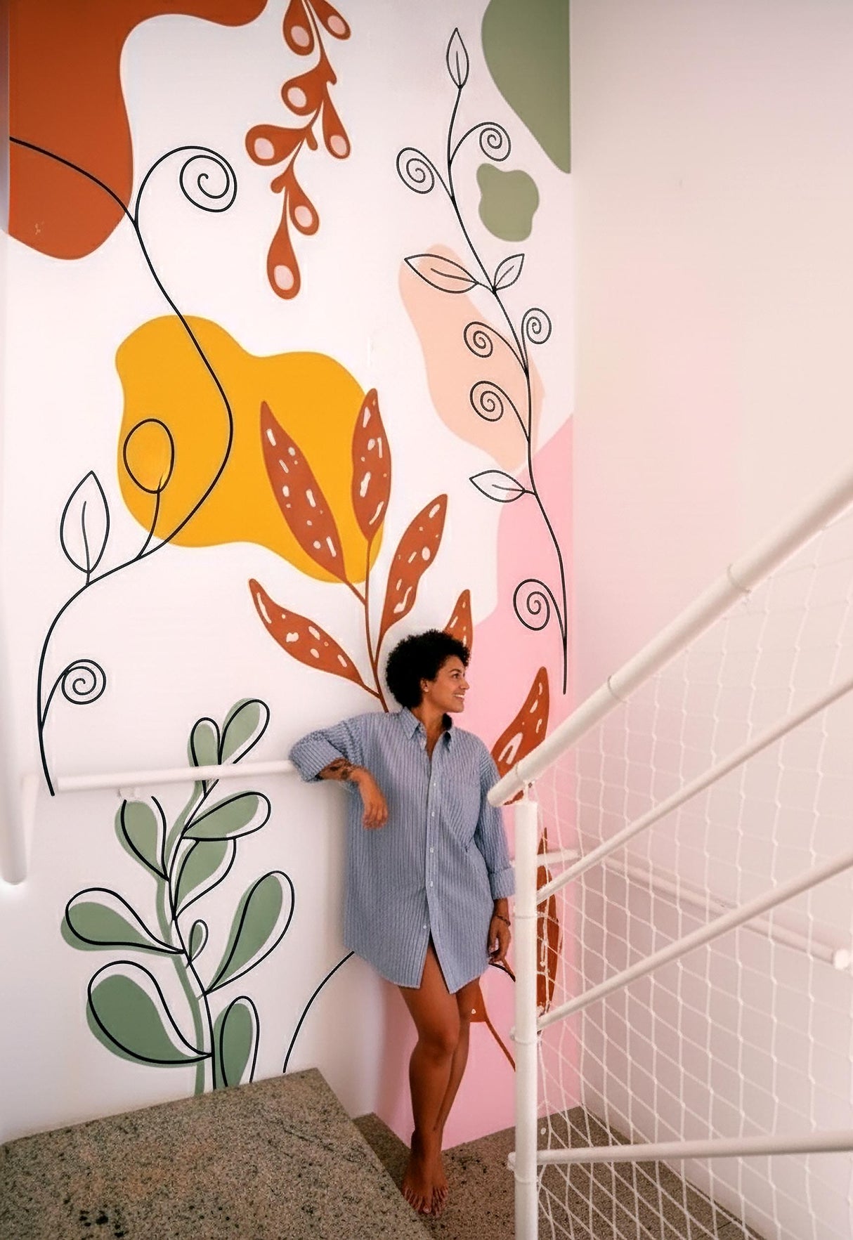 Abstract Botanical Wall Decal | Colorful Modern Wall Art Sticker Large Vinyl Wall Mural | Leaf Line Wall Decor Contemporary Room Decoration