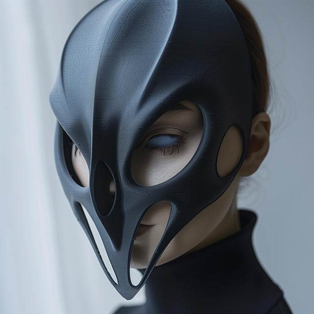 3D printed futuristic mask with gothic sculptural shape, worn by an adult model indoors, modern sci-fi cosplay and costume accessory