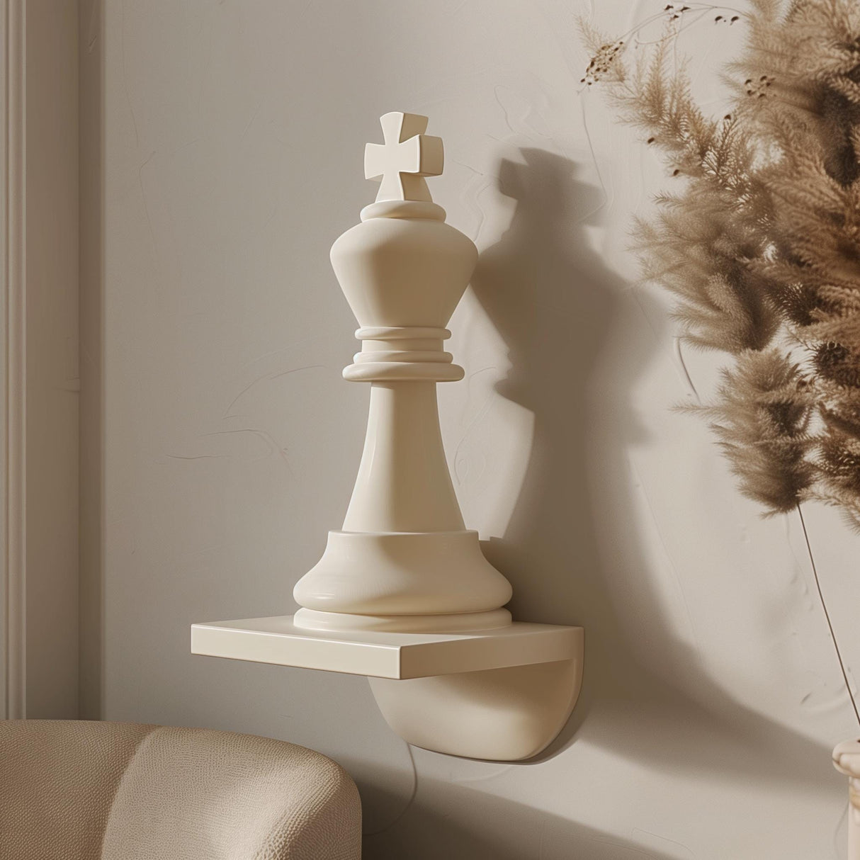 3D printed wall decor shaped like a King chess piece, minimalist modern design made from matte PLA plastic, displayed as wall art in contemporary interior