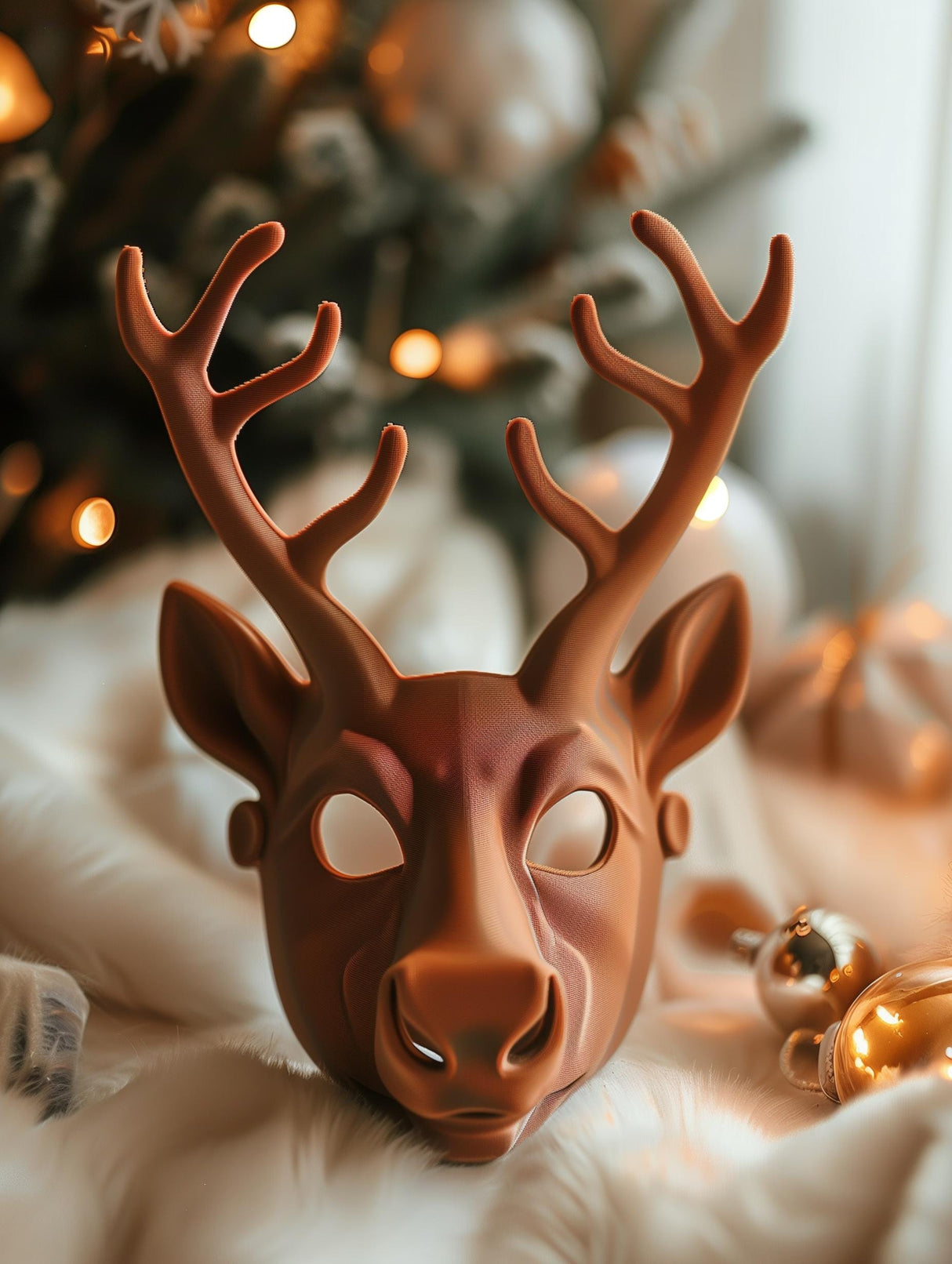 3D printed reindeer mask with sculptural antlers placed near a decorated Christmas tree, modern festive cosplay and holiday decor accessory