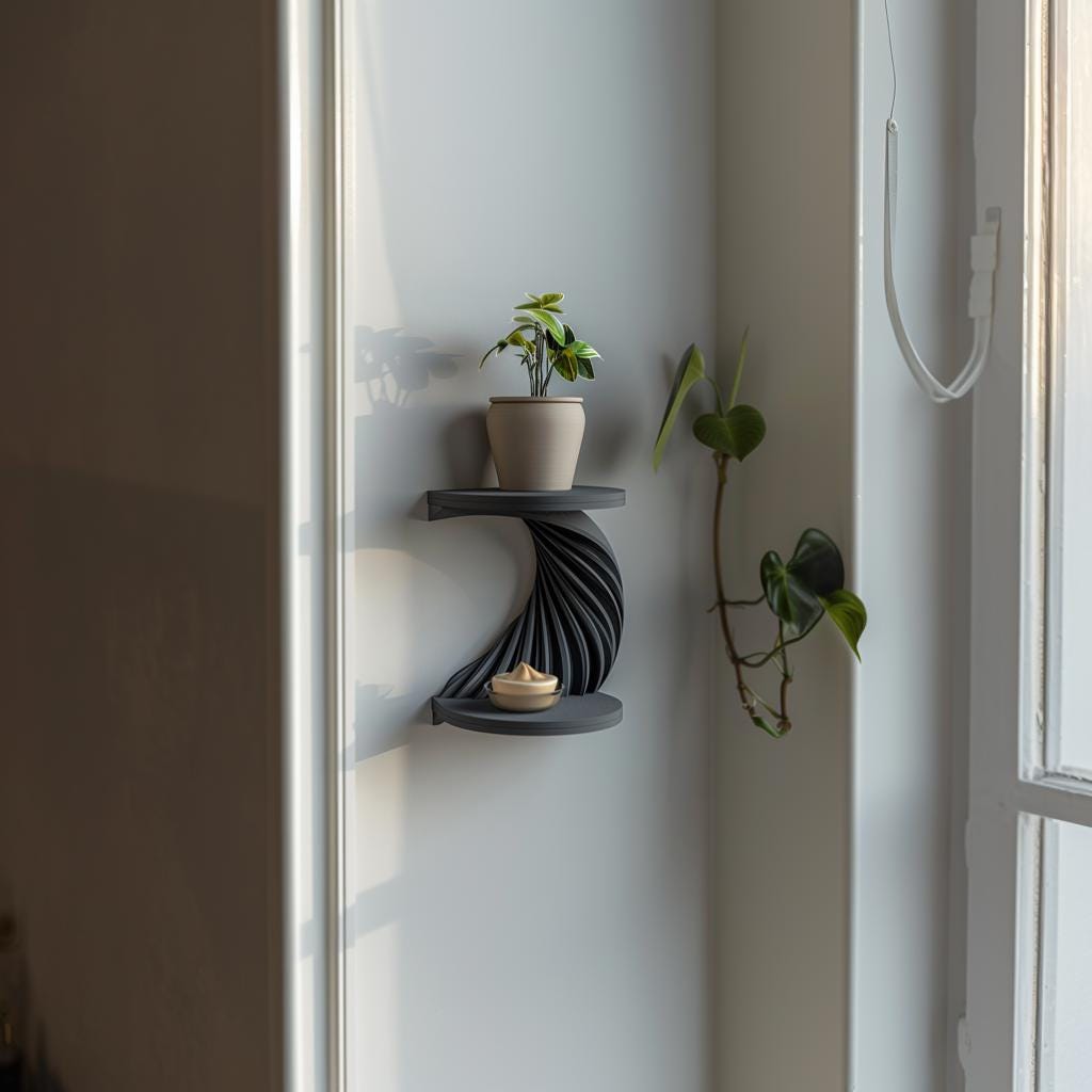3D Printed Spiral Wall Shelf | Modern Double Tier Floating Corner Display | Sculptural Minimalist Decor Accent for Contemporary Interiors