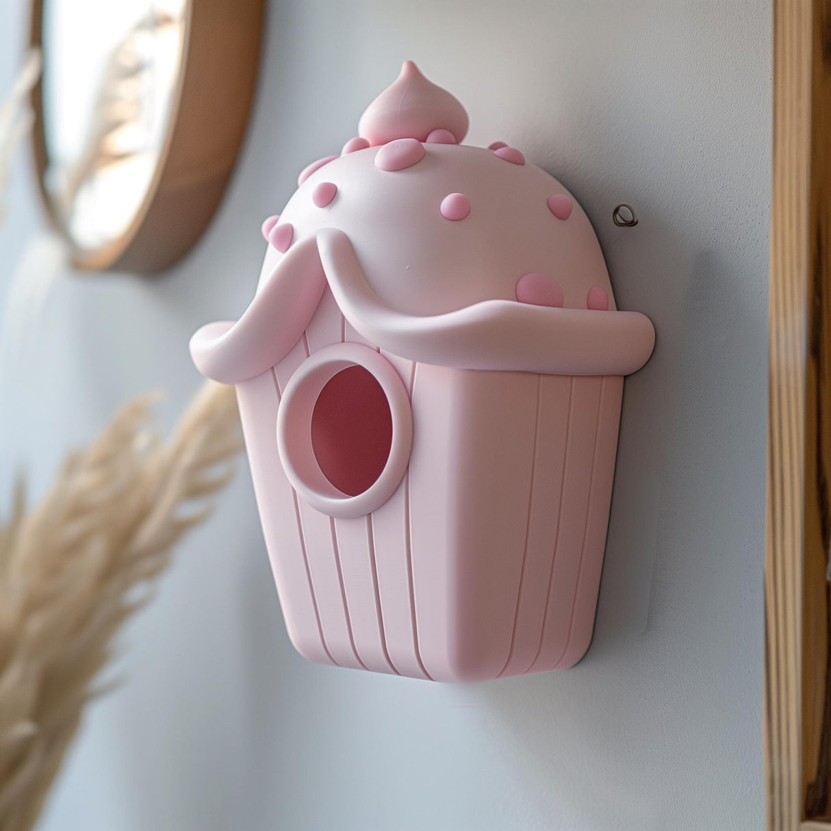 3D printed wall hanging shaped like a cupcake-style birdhouse, minimalist matte PLA decor for modern kitchen or kids room interior.