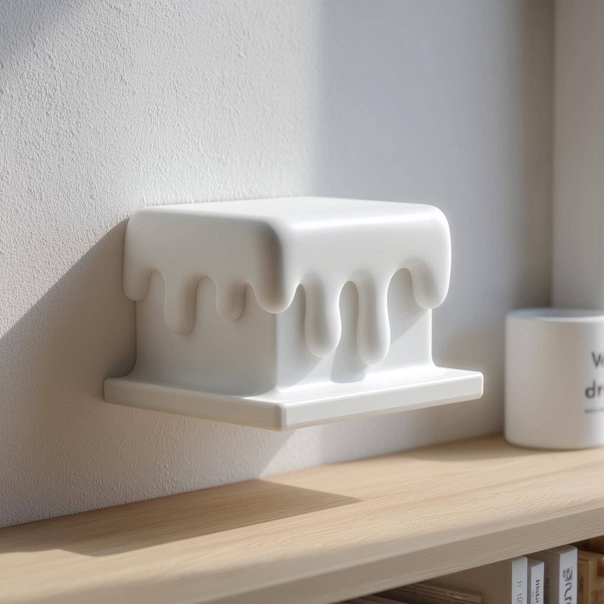 3D printed wall shelf shaped like a rectangular block with smooth dripping edges made of matte PLA plastic, mounted above a wooden shelf in soft natural daylight.