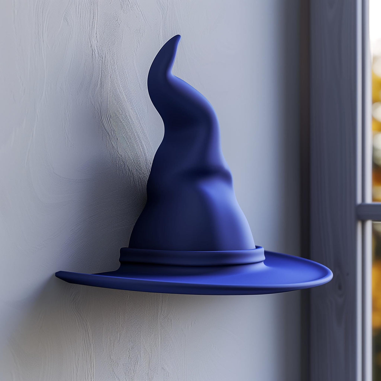 3D printed wall shelf shaped like a smooth, stylized dark blue wizard hat, matte PLA surface, mounted on a light wall near a window.