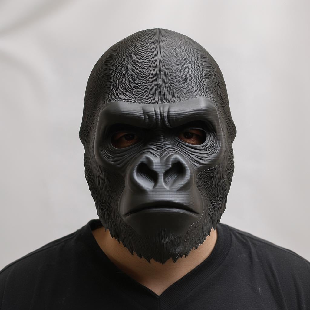 Front view of a 3D printed gorilla face mask worn by a person, showing realistic sculpted fur texture and matte black finish against a neutral background.