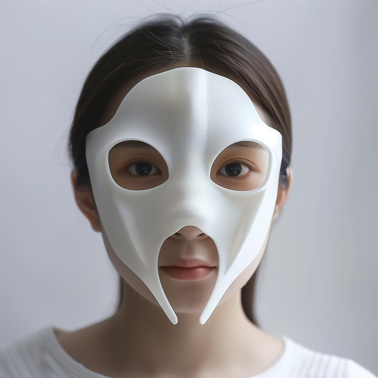 Adult person wearing a smooth white 3D printed futuristic mask with anime-style cutouts and two downward points, shown against a soft neutral background.