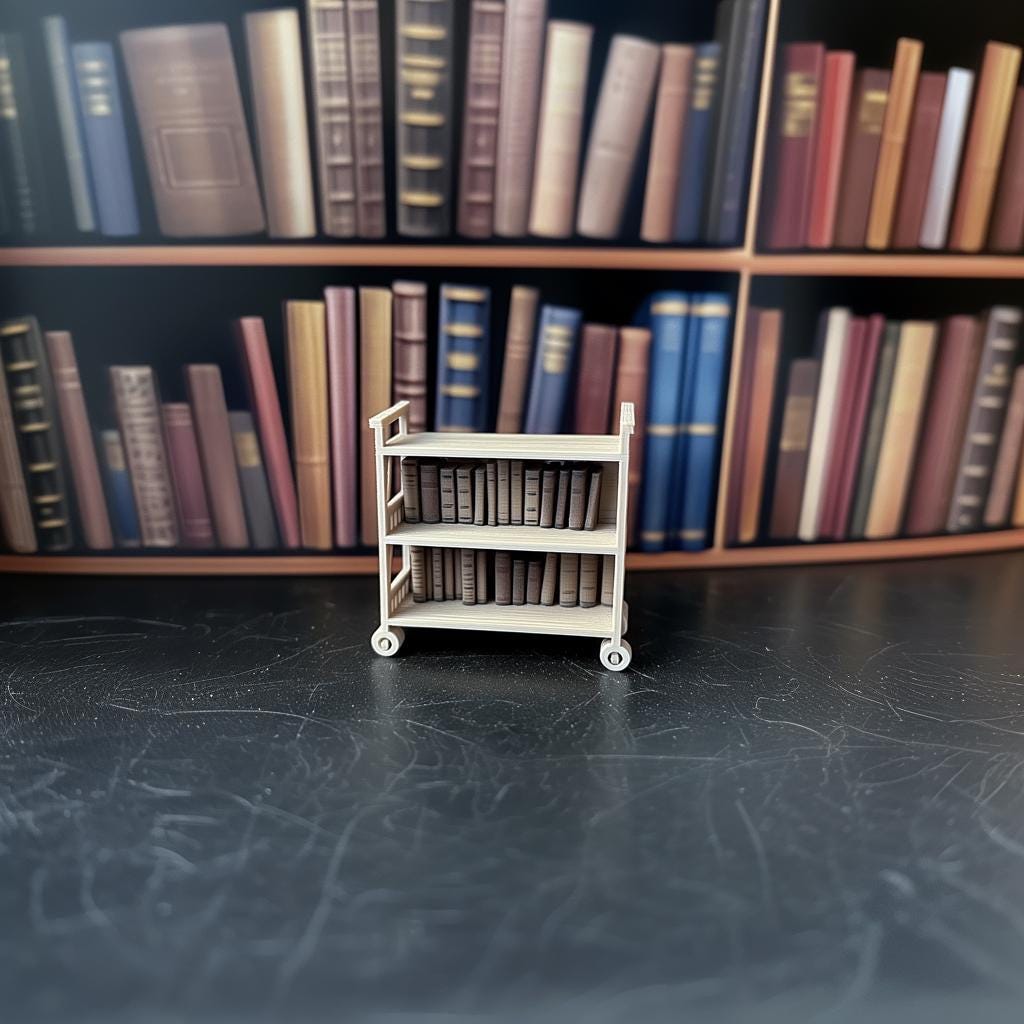 Dollhouse Library Cart | 1:12 Scale Miniature Bookshelf | 3D Printed Rolling Bookcase | Miniature Library Storage | Dollhouse Furniture Play