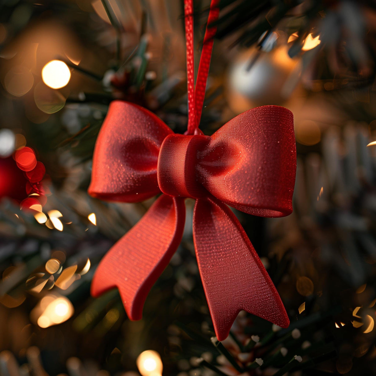 3D printed red bow Christmas tree ornament hanging from a branch, matte PLA texture, surrounded by warm fairy lights and festive baubles.