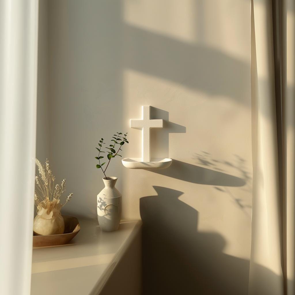 3D Printed Cross Wall Shelf | Minimalist Prayer Nook Decor | Modern Floating Ledge for Cozy Home and Chapel Interior Decor Spaces