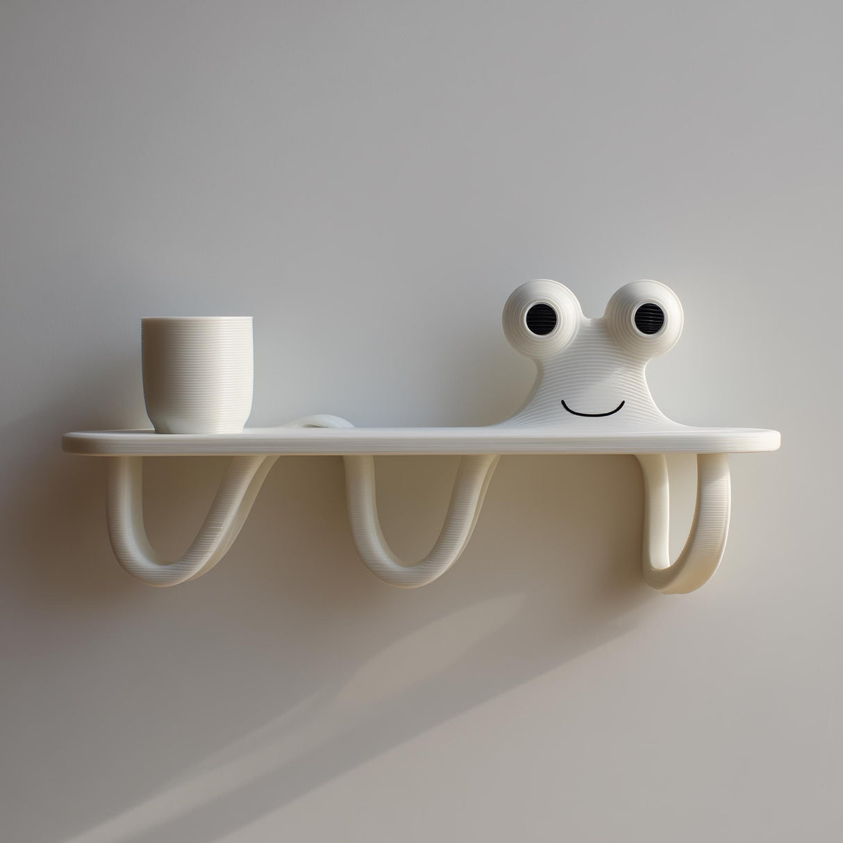 3D printed wall shelf with a smiling squiggle character and three curved hook-like legs underneath, made of matte PLA plastic and mounted on a light wall.