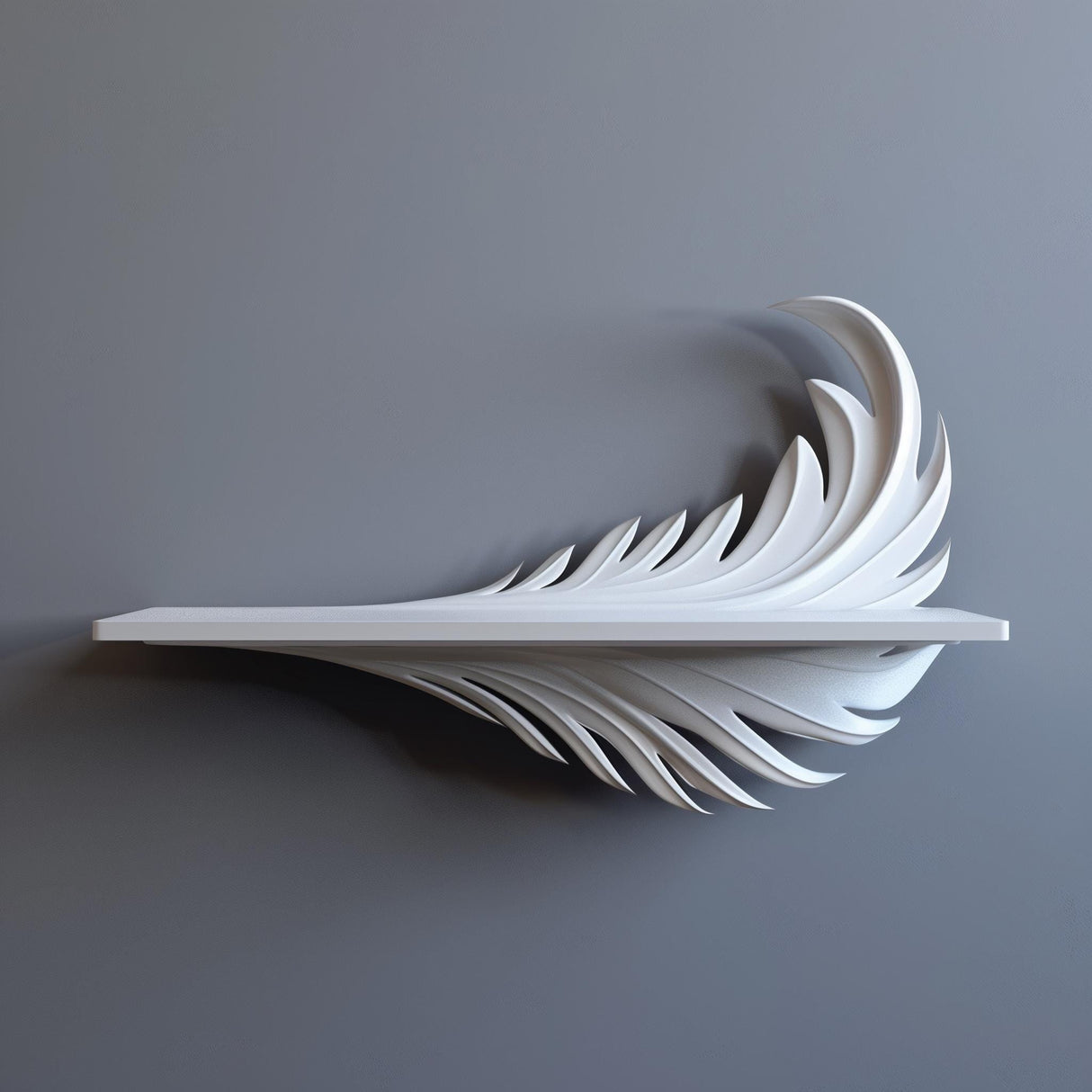 3D printed white wall shelf with a sculptural feather-shaped support beneath a slim ledge, mounted on a smooth grey wall in soft natural light.